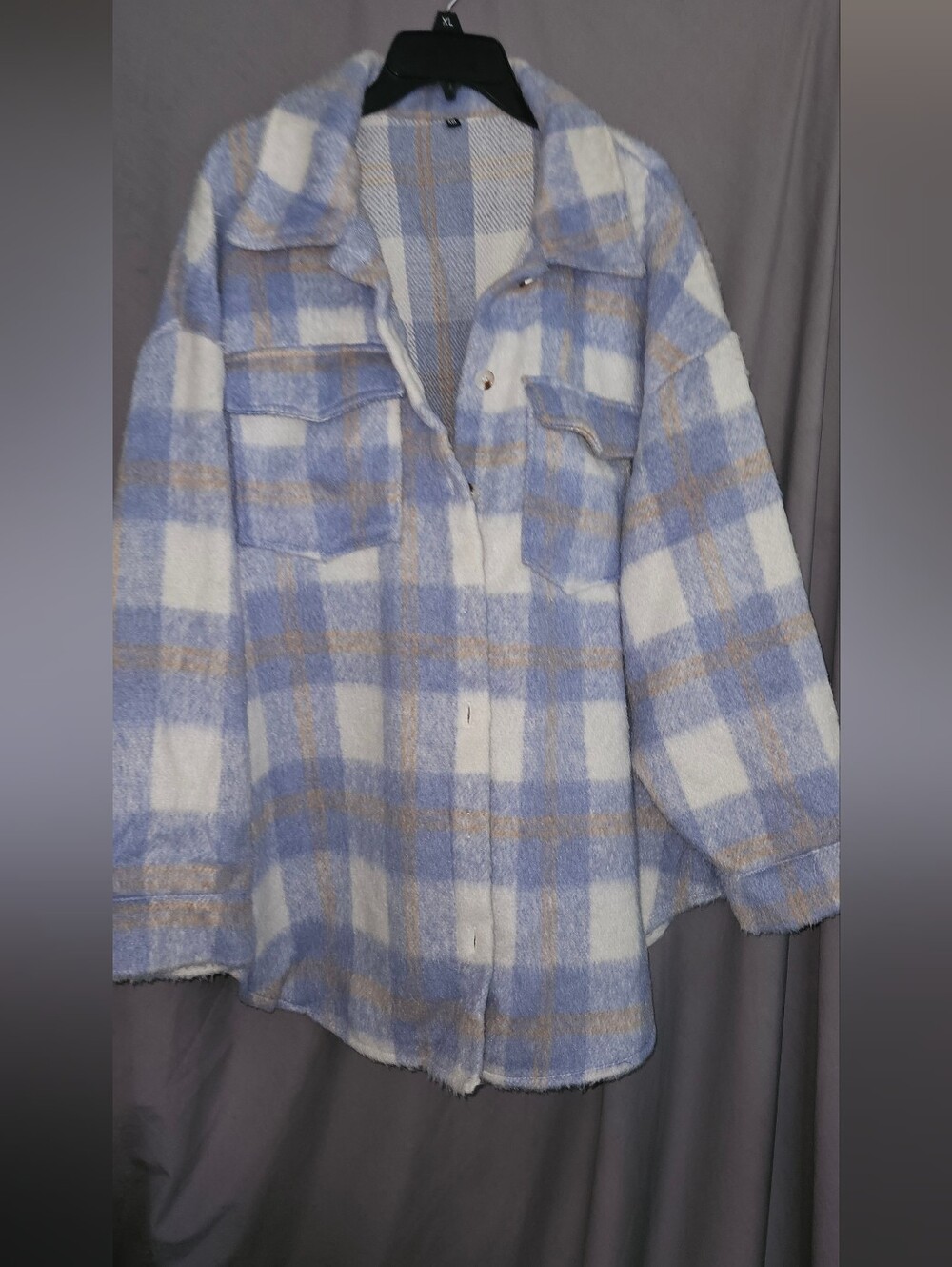 Teddy Plaid Shacket in Blue & Cream